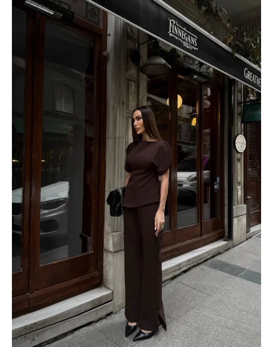 Kadın Balon Kol Palazzo Kahve İkili Takım