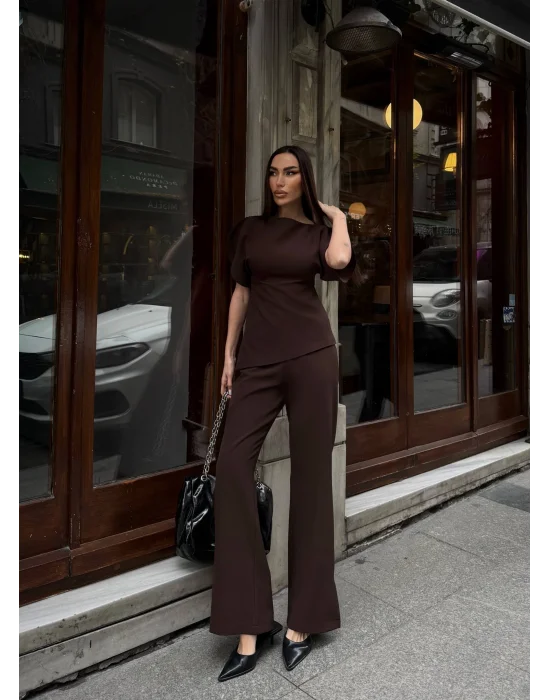 Kadın Balon Kol Palazzo Kahve İkili Takım