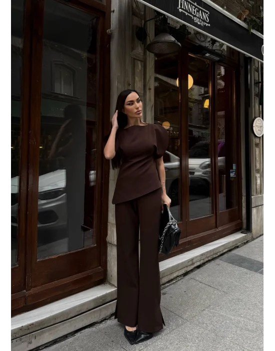 Kadın Balon Kol Palazzo Kahve İkili Takım