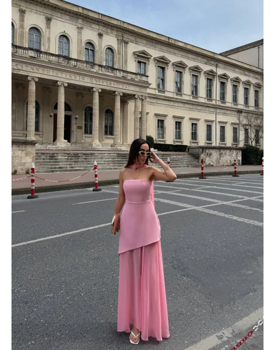 Kadın Straplez Yırtmaçlı Şifon Detaylı Pudra Pembe Abiye Elbise