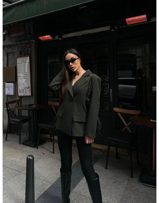 Kadın Sırtı Kuşgözü Bağlama Detaylı Haki Blazer Ceket
