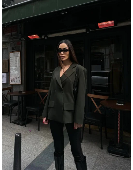 Kadın Sırtı Kuşgözü Bağlama Detaylı Haki Blazer Ceket