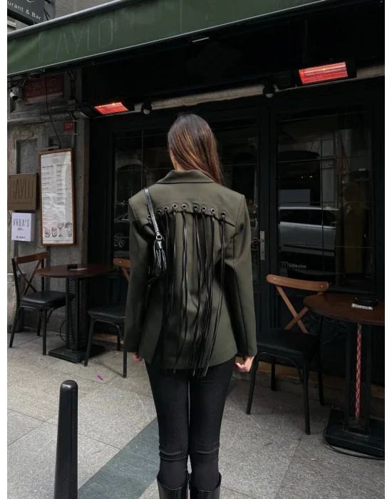 Kadın Sırtı Kuşgözü Bağlama Detaylı Haki Blazer Ceket