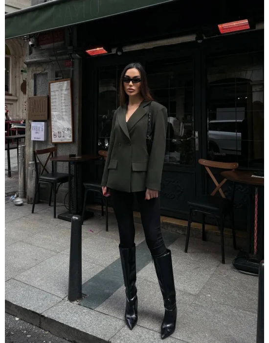 Kadın Sırtı Kuşgözü Bağlama Detaylı Haki Blazer Ceket