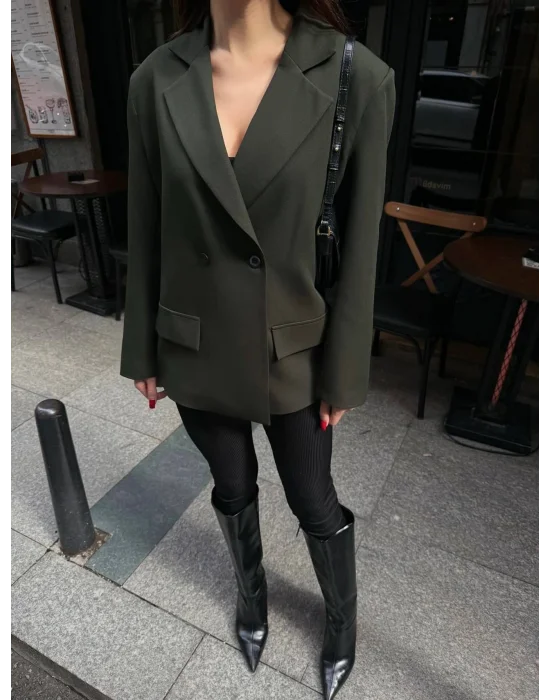 Kadın Sırtı Kuşgözü Bağlama Detaylı Haki Blazer Ceket