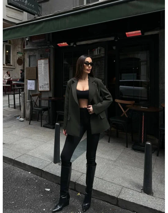 Kadın Sırtı Kuşgözü Bağlama Detaylı Haki Blazer Ceket