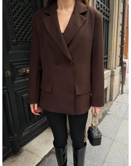 Kadın Sırtı Kuşgözü Bağlama Detaylı Kahverengi Blazer Ceket