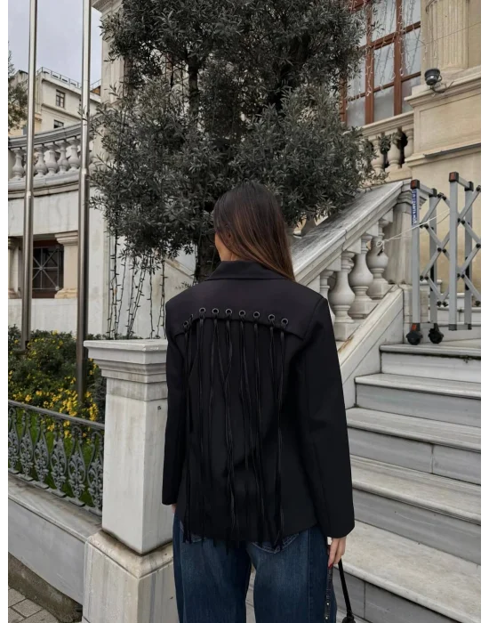 Kadın Sırtı Kuşgözü Bağlama Detaylı Haki Blazer Ceket