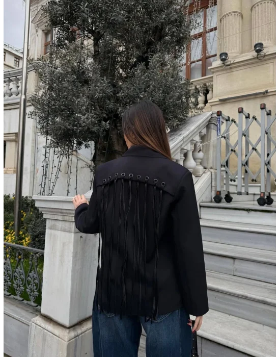 Kadın Sırtı Kuşgözü Bağlama Detaylı Haki Blazer Ceket