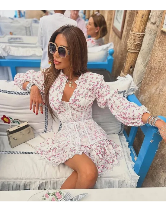 Çiçek Desenli Korse Detaylı Volanlı Beyaz Mini Elbise