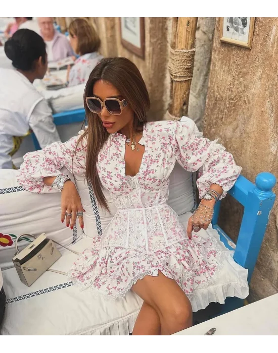 Çiçek Desenli Korse Detaylı Volanlı Beyaz Mini Elbise