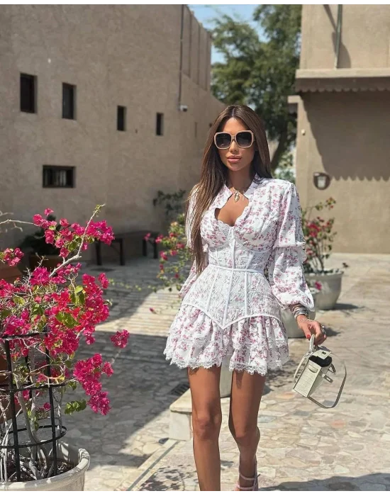 Çiçek Desenli Korse Detaylı Volanlı Beyaz Mini Elbise