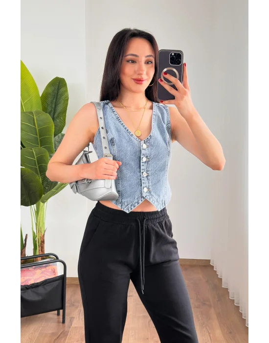 Kadın V Yaka Buz Mavi Denim Yelek