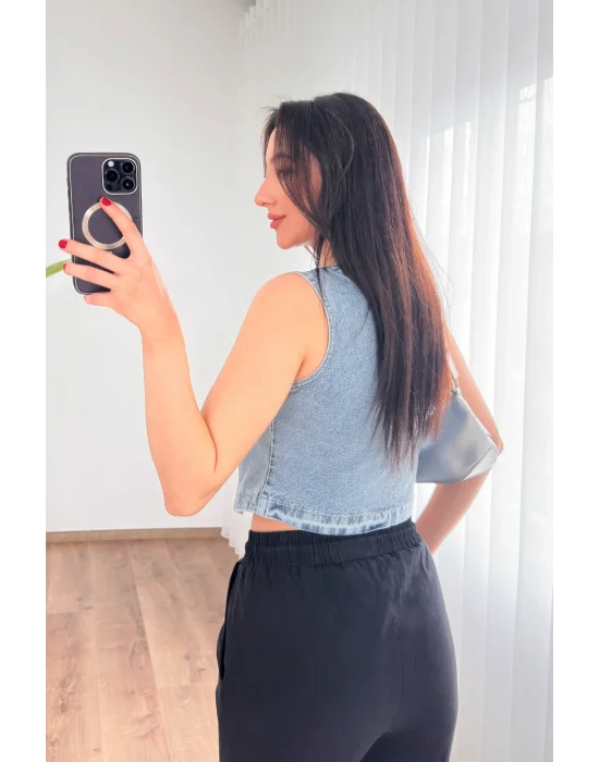 Kadın V Yaka Buz Mavi Denim Yelek