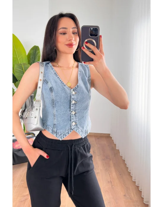 Kadın V Yaka Buz Mavi Denim Yelek