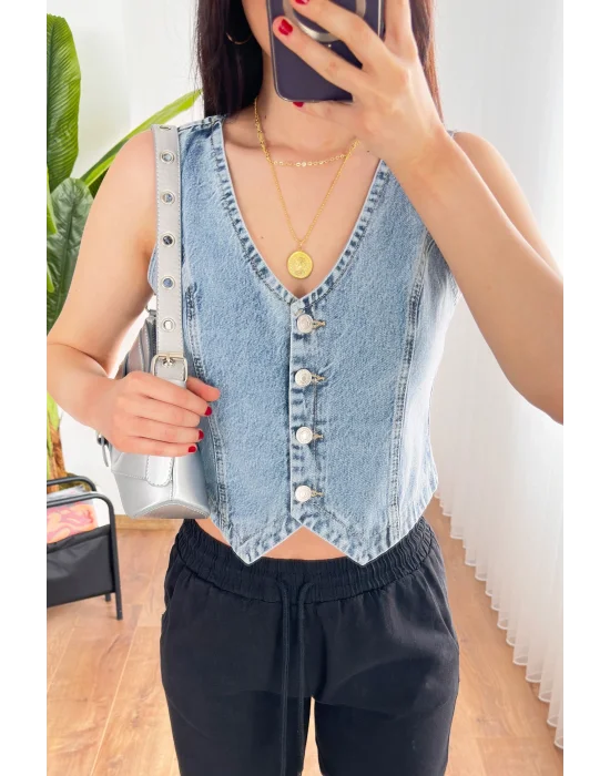 Kadın V Yaka Buz Mavi Denim Yelek