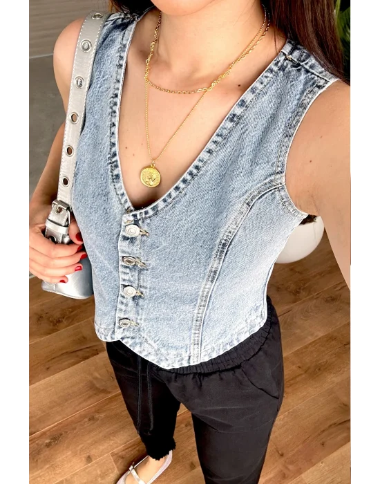 Kadın V Yaka Buz Mavi Denim Yelek