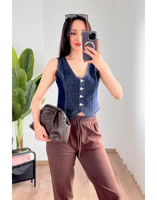 Kadın V Yaka Koyu Mavi Denim Yelek