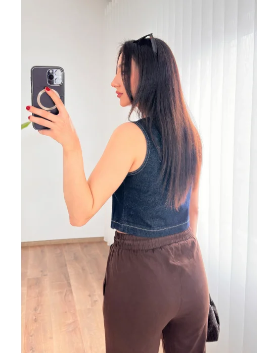 Kadın V Yaka Koyu Mavi Denim Yelek