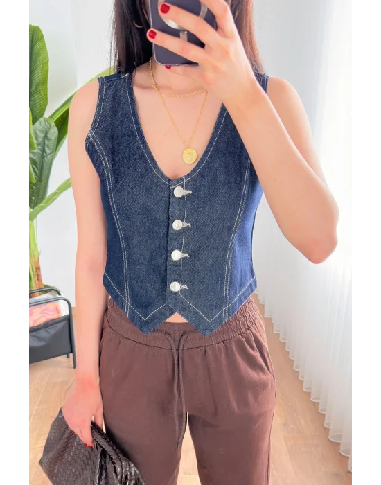 Kadın V Yaka Koyu Mavi Denim Yelek