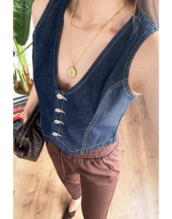 Kadın V Yaka Koyu Mavi Denim Yelek