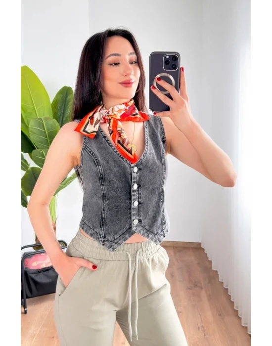 Kadın V Yaka Antrasit Denim Yelek