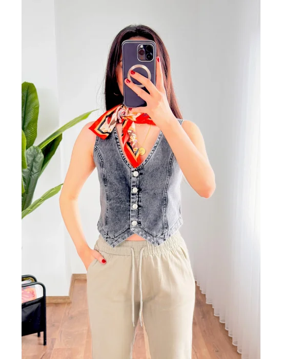 Kadın V Yaka Antrasit Denim Yelek