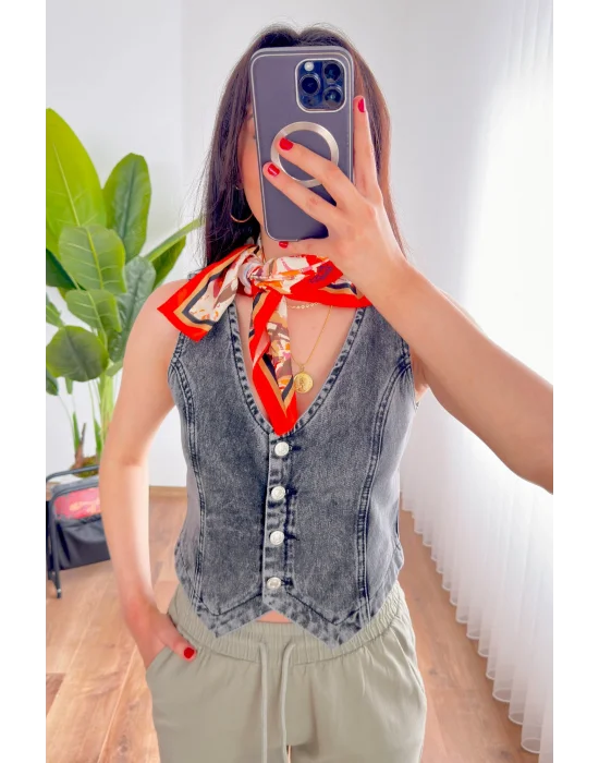 Kadın V Yaka Antrasit Denim Yelek