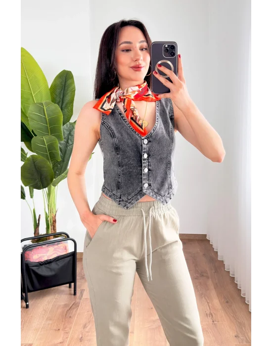 Kadın V Yaka Antrasit Denim Yelek