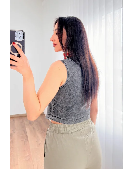 Kadın V Yaka Antrasit Denim Yelek
