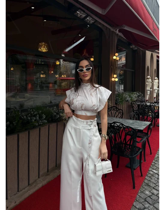 Kadın Vatkalı Crop Bluz Bol Paça Pantolon Takım