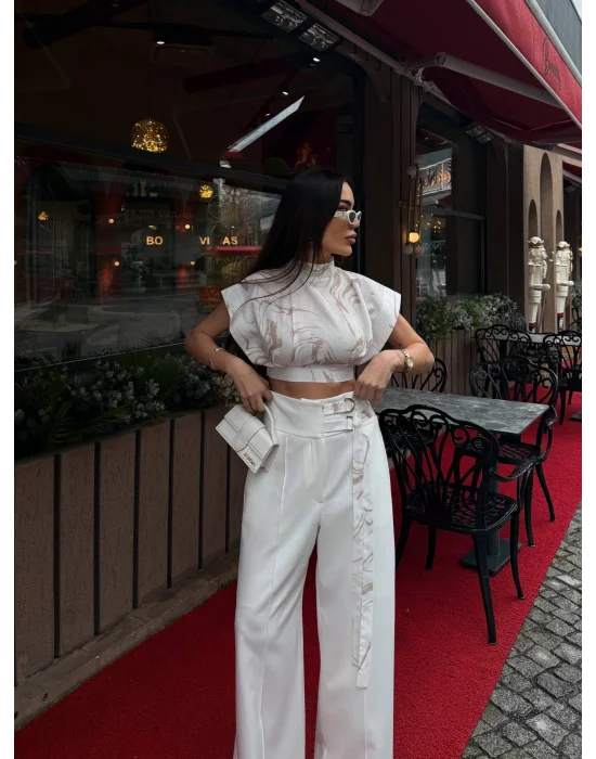 Kadın Vatkalı Crop Bluz Bol Paça Pantolon Takım