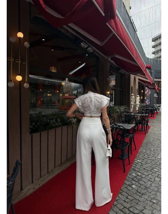 Kadın Vatkalı Crop Bluz Bol Paça Pantolon Takım