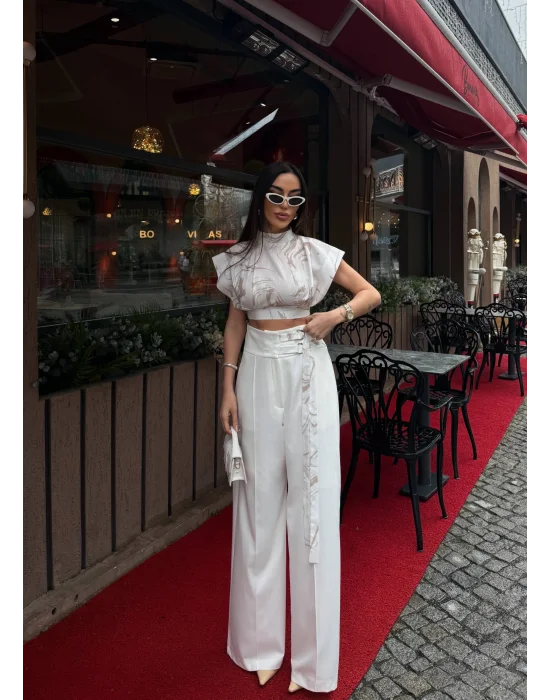 Kadın Vatkalı Crop Bluz Bol Paça Pantolon Takım