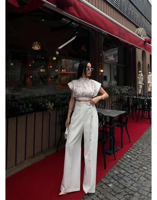 Kadın Vatkalı Crop Bluz Bol Paça Pantolon Takım