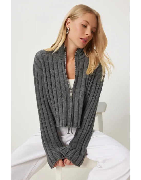 Kadın Antrasit Dik Yaka Fermuarlı Triko Hırka