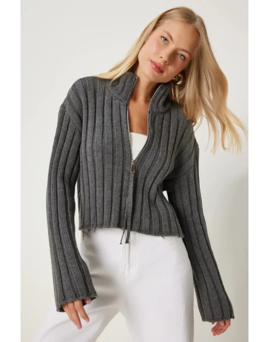 Kadın Antrasit Dik Yaka Fermuarlı Triko Hırka