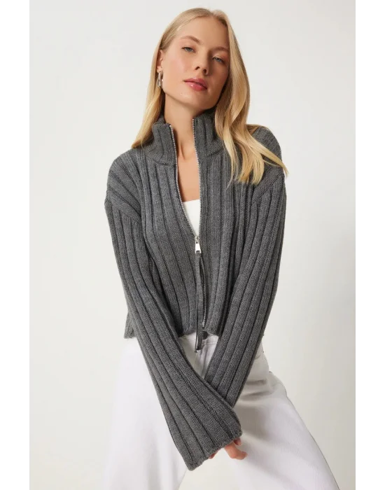 Kadın Antrasit Dik Yaka Fermuarlı Triko Hırka