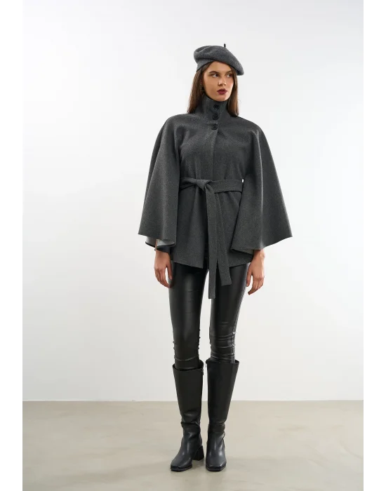 Kadın Antrasit Kaşe Kumaş Düğmeli Kuşaklı Pelerin Panço