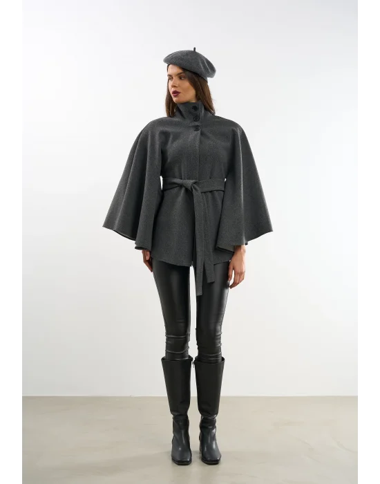Kadın Antrasit Kaşe Kumaş Düğmeli Kuşaklı Pelerin Panço