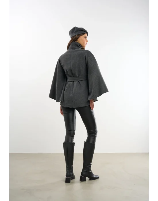 Kadın Antrasit Kaşe Kumaş Düğmeli Kuşaklı Pelerin Panço