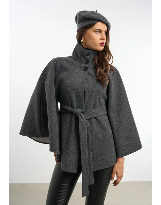 Kadın Antrasit Kaşe Kumaş Düğmeli Kuşaklı Pelerin Panço