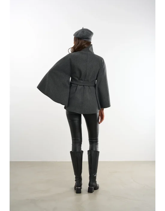 Kadın Antrasit Kaşe Kumaş Düğmeli Kuşaklı Pelerin Panço