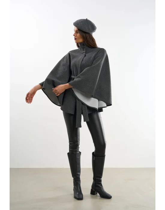 Kadın Antrasit Kaşe Kumaş Düğmeli Kuşaklı Pelerin Panço