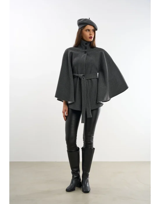 Kadın Antrasit Kaşe Kumaş Düğmeli Kuşaklı Pelerin Panço
