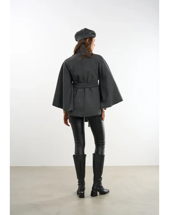 Kadın Antrasit Kaşe Kumaş Düğmeli Kuşaklı Pelerin Panço