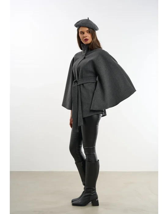 Kadın Antrasit Kaşe Kumaş Düğmeli Kuşaklı Pelerin Panço