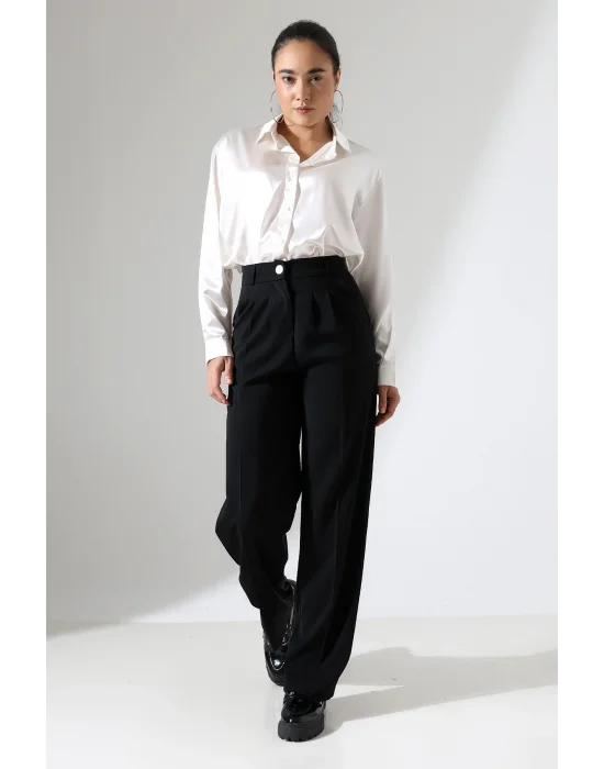 Kadın Arkası Lastikli Yüksek Bel Siyah Palazzo Pantolon