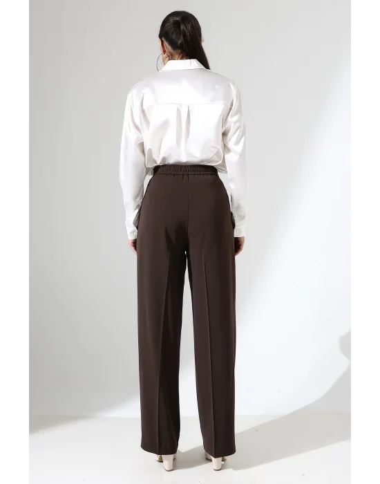Kadın Arkası Lastikli Yüksek Bel Kahve Palazzo Pantolon