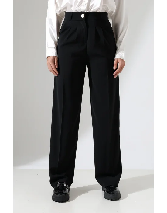 Kadın Arkası Lastikli Yüksek Bel Siyah Palazzo Pantolon